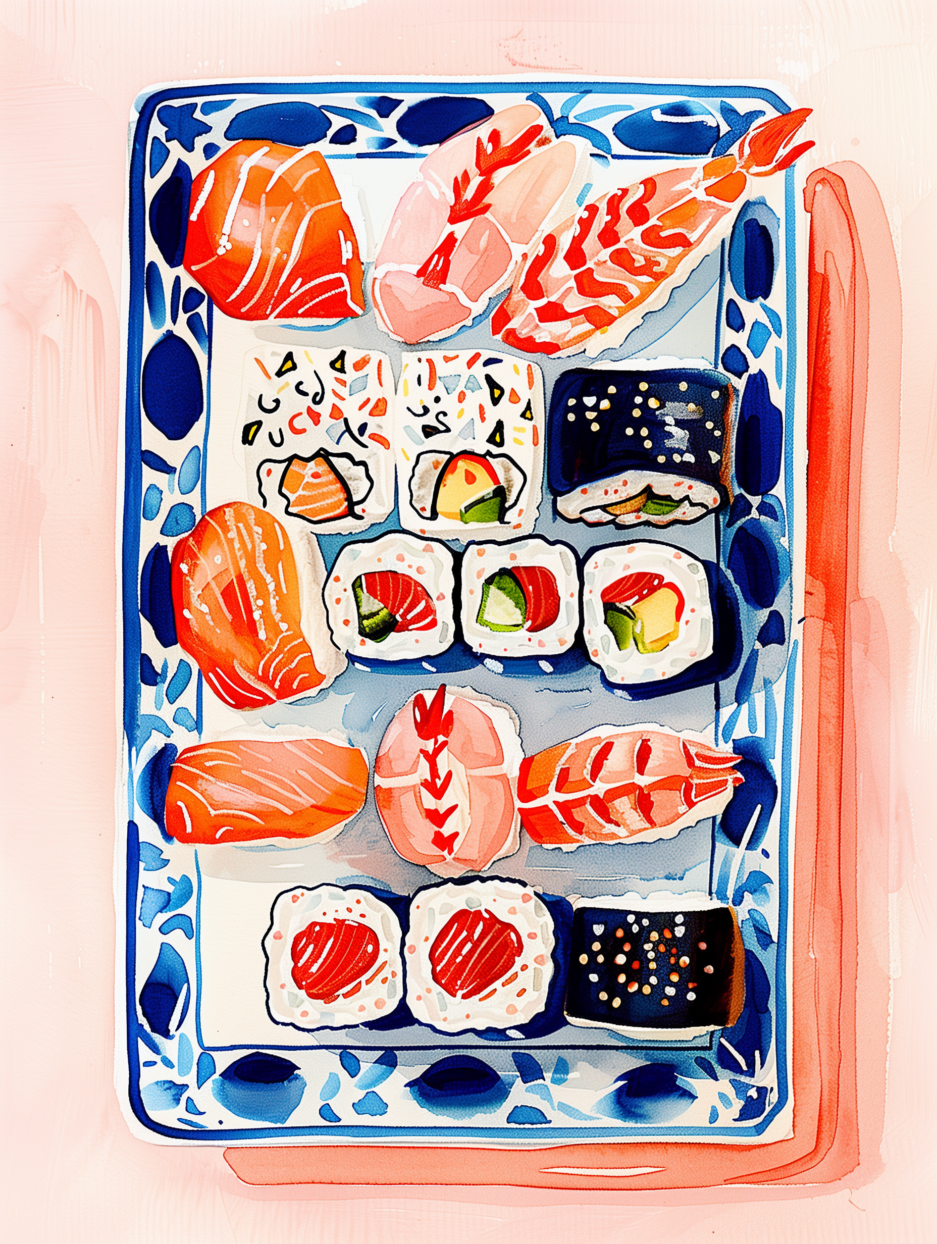 Assorted sushi on a decorative blue plate with a pink background