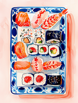 Assorted sushi on a decorative blue plate with a pink background