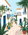 Illustration of a Mediterranean street with white buildings, palm trees, and potted plants.