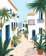 Illustration of a Mediterranean street with white buildings, palm trees, and potted plants.