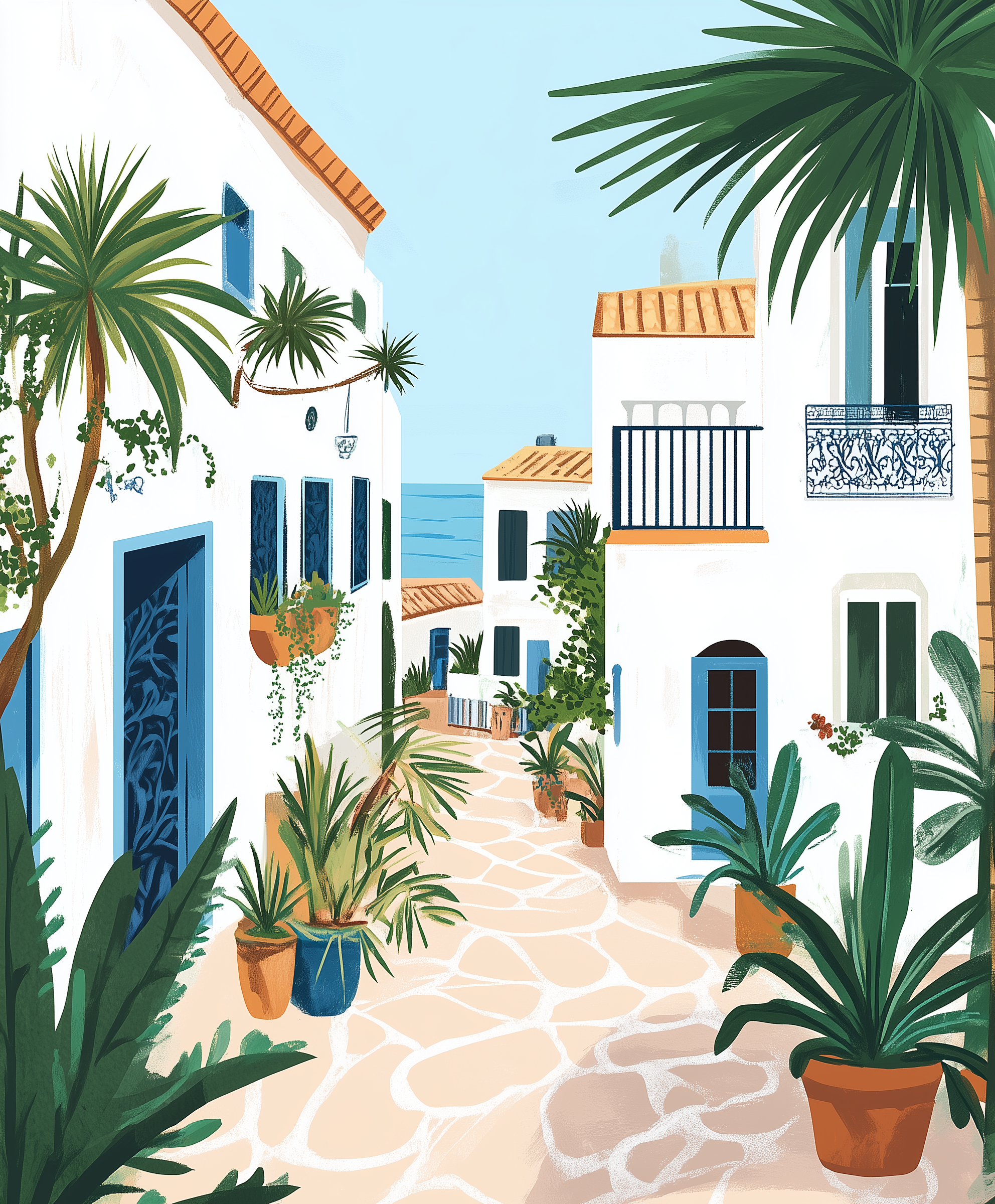 Illustration of a Mediterranean street with white buildings, palm trees, and potted plants.